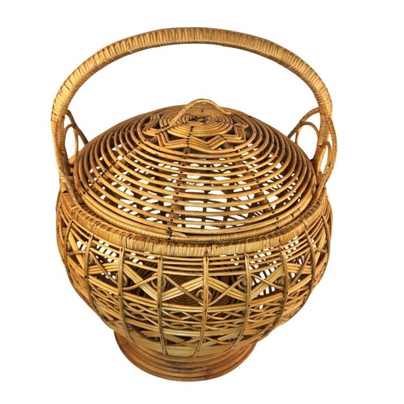 Handwoven Lidded Wicker Basket/Rattan Decorative Storage  - Boho Chic  Handcraft - Picture 2 of 15